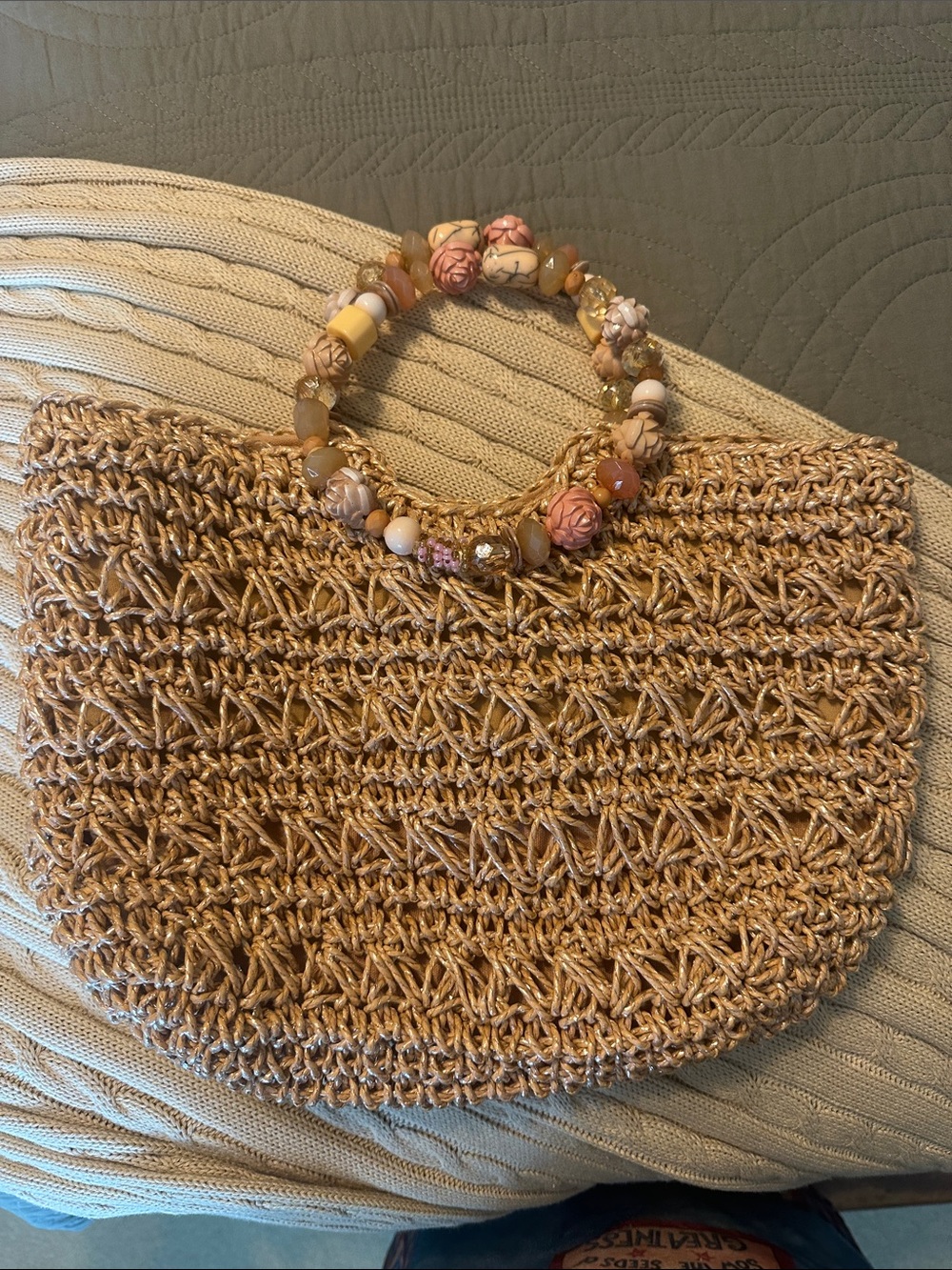 Blue Miami Handmade Beaded Handle Woven Straw Tote in Natural Brown